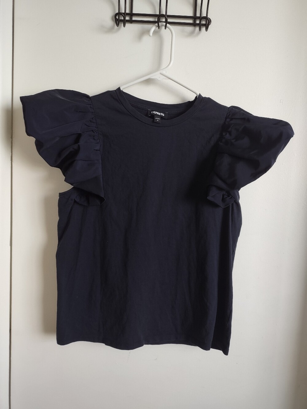 Express Cotton Navy Ruffled Sleeve Tee